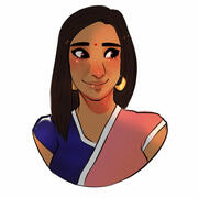 A sketch of Leona in a pink and blue Indian outfit with a Bindi as drawn by an artist